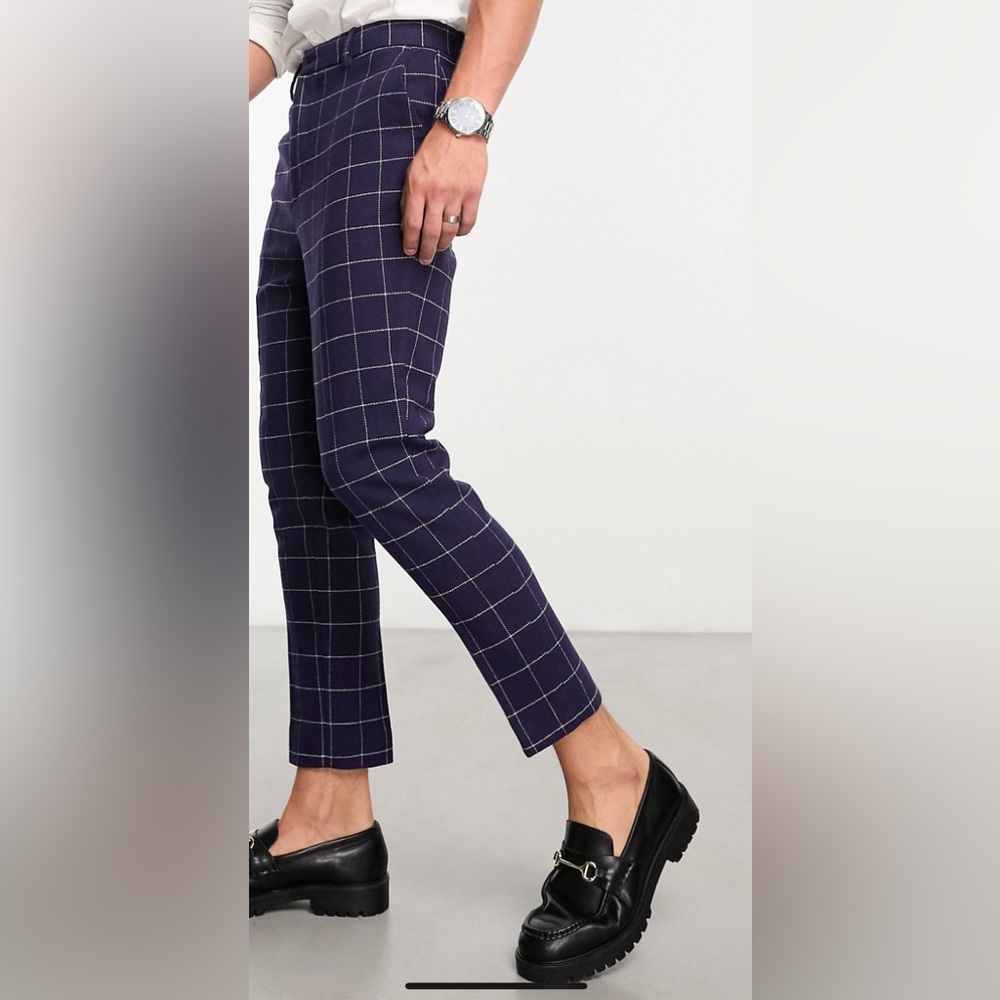 Tapered wool mix smart pants in navy window check
